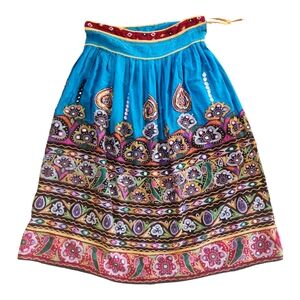 Vintage Banjara Indian Cotton Boho Skirt Hand Embroidery Blue Skater Ghaghra Art